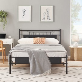 VECELO Queen Size Platform Bed Frame with Wood Headboard/Mattress Foundation/Premium Steel Slats Support/No Box Spring Needed,Black(Crown)