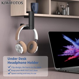 KIWIFOTOS Under Desk Headphone Stand Holder, PC Gaming Headset Hook Hanger Mount with 360 Adjustable Rotating Arm Clamp & Built in Cable Clip - Black