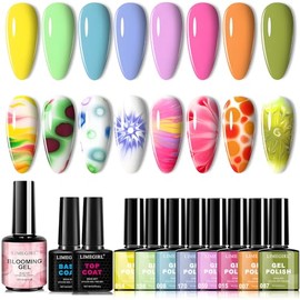 LISAPRO Kit de Esmalte de Uñas de gel, 8 Colores, Semipermanente, con Base y Top Coat, Nail Blooming Gel de 15ml para Diseño de Flores, para Salón de 