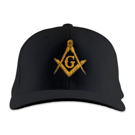 Gold Square & Compass Embroidered Masonic Flexfit Adult Cool & Dry Sport Hat - [Black][S/M]