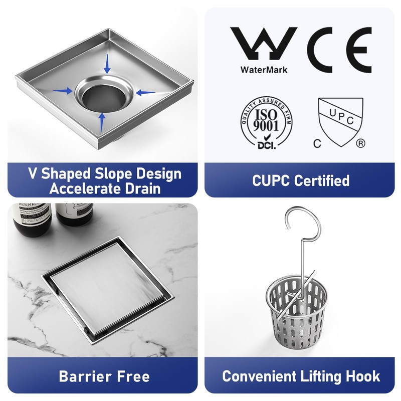 Bernkot Square Shower Drain 6" with 2" PVC Flange Base,