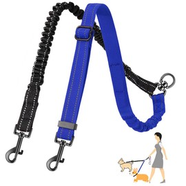 Nasjac Double Dog Lead Splitter, No Tangle 360° Rotation Dog Leash Coupler for Walking 2 Dogs, Adjustable Shock Absorbing Bungee Reflective Dual Lead for Two Pets Dogs Medium Large Training