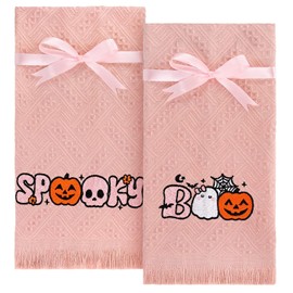 Gilprop 2 Pcs Pink Bow Halloween Ghost Hand Towels for Bathroom Embroidered Spooky Boo Kitchen Dish Towel 13x30 Inch Cute Halloween Decoration, Soft Absorbent