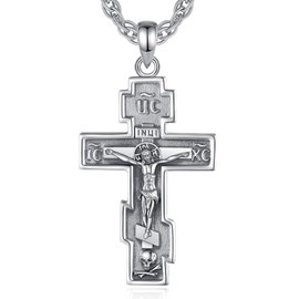 INFUSEU Orthodox Cross Necklace Men Eastern Crucifix Sterling Silver Cross Pendant Women Jesus Religious Gifts Catholic Christian Jewelry Birthday Russian Greek Large Big Crucifixes Piece