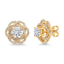 Gem Stone King 18K Yellow Gold Plated Silver Round 6MM Gemstone Birthstone Stud Earrings with White Moissanite Removable Earrings Jackets For Women