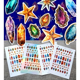 Stickers Pack (Over 150 Stickers) Gorgeous Colourful Gems and Metalic Festive Stars Vintage Styled Small Vinyl Stickers White Hologram Transparent