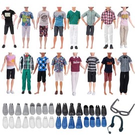 14 PCS Ken Doll Clothes and Accessories, Including 3 Tops 3 Pants 6 Shoes 1 Glasses and 1 Earphone(Random Style)
