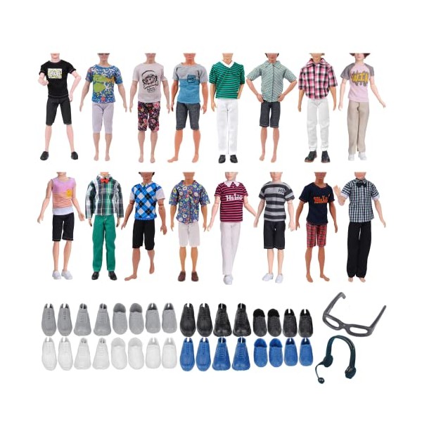 14 PCS Ken Doll Clothes and Accessories, Including 3 Tops 3 Pants 6 Shoes 1 Glasses and 1 Earphone(Random Style)