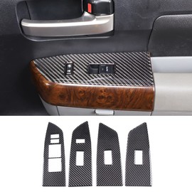 HIRUFAIT 4PCS Car Door Window Lift Switch Panel Frame Sticker Trim for Toyota Tundra 2007-2013 Accessories, Real Carbon Fiber Automotive Window Glass Lift Button Panel Cover