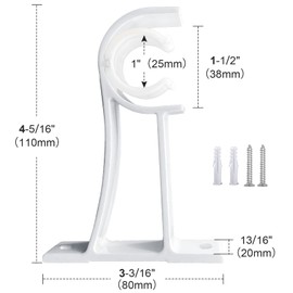 Curtain Rod Holder, Heavy Duty Curtain Rod Brackets White Single Curtain Rod Bracket Support Holders 4 Pack Metal Drapery Rod Hangers Hooks for 1 to 1.2 Inch Rod Wall
