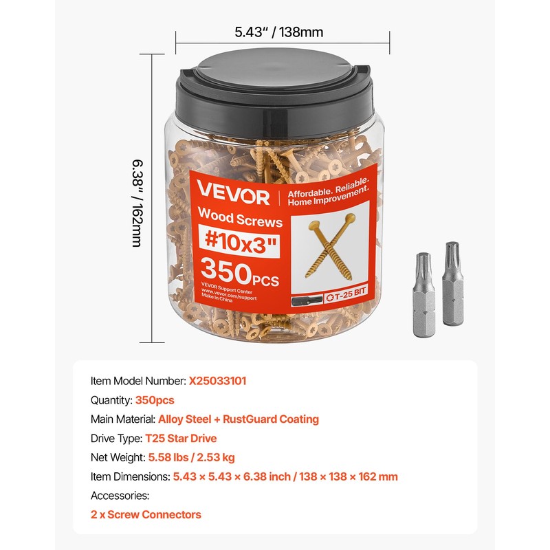 VEVOR Wood Screws 350 PCS, #10 x 3-Inch Anti-Rust Coated,