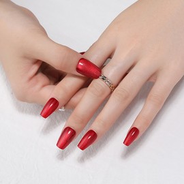 Valentine Press on Nails Square, True Red Cat Eye Press on Nails, Fashion Gel Fake Nails, Reusable Acrylic Fake Nails, Glossy Stick on Nails for Women Girls Gift, Glue on Nails Kit 24 Pcs, Ruby Flash