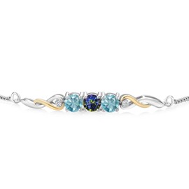 Two-Tone Gemstone Birthstone and Blue Zircon and Accent Lab Grown Diamond Infinity Tennis Bracelet For Women In 925 Silver and 10K Yellow Gold | Round 5MM and 1.3MM | Fully Adjustable Up to 9 Inch