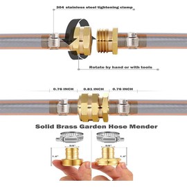 Solid Brass Female and Male Hose Connector Set for 3/4" or 5/8" Garden Hose - 2 Menders With Clamps
