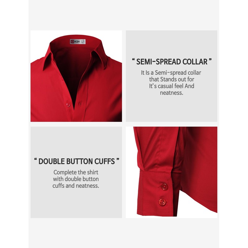 H2H Men's Dress Shirts Long Sleeve Formal Solid Business Wddding