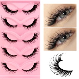 False Eyelashes, Wispy Cat-Eye Eyelashes, Wet Look, Curly, Fox Eye, Artificial Eyelashes, 18 mm Long, Dramatic Angel Wings Eyelash Lift, False Eyelashes, 5 Pairs Pack (Wet-06)