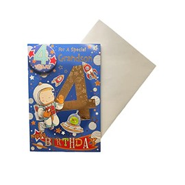 "Express Yourself" Birthday Card for Grandson Age 4 - Includes Badge and Envelope - Animated Little Astronaut in Space Design for 4-Year-Old Boy