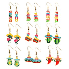 9-12 Pairs Cinco De Mayo Earrings Colorful Fiesta Drop Earrings Enamel Mexican Earrings for Women Fiesta Hat Avocado Chili Earrings for Mexico Carnivals Party Jewelry Gift
