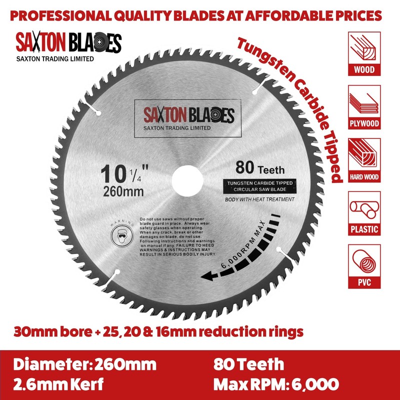 TCT26080T Saxton TCT Circular Wood Saw Blade 260mm x 80T