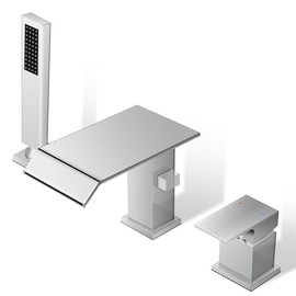 Modern Roman Tub Faucet with Hand Shower, Deck Mount Tub Filler Bathtub Faucet with Sprayer, Single Handle Bathtub Faucet Set, Widespread 3 Hole Bathtub Faucet (B, Chrome)