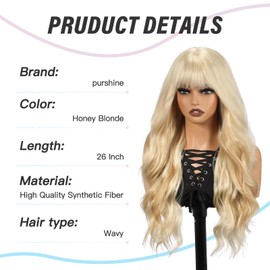 purshine Long Honey Blonde Wig with Bangs for Women, Heat Resistant Synthetic Fiber Wig, 26 Inch Layered Middle Part Wig, Naturally Realistic Appearance, Suitable for Daily Party Use