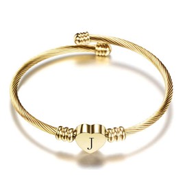 MiiFort Women's Initial Name Gold Cuff Bangle Letter J Bracelet Love Heart Stainless Steel Family Sister Daughter Granddaughter Birthday