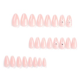 Light Pink Press on Nails Short, Glossy Solid Color Fake Nails, Full Cover False Nails Design with Bow Tie Short Nude Sweet Stick on Nails for Women&Girls Nail Art Decorations 24Pcs