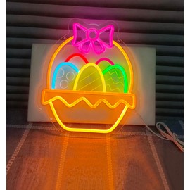 Easter Eggs Neon Signs for Wall Decor, Easter Egg Baskets with Bow Decorations Gifts, USB Dimmable LED Neon Lights Sign Party Decor for Bedroom Window Door Yard Bar Classroom Church