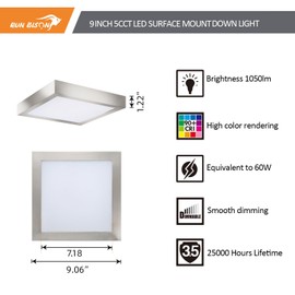 9 Inch LED Flush Mount Square Ceiling Light, Equivalent to 60W 2700K/3000K/3500K/4000K/5000K CCT Selectable , CRI 90+,Dimmable Square LED Panel Light, Damp Rated, ETL, Brush Nickel Finish -2PK