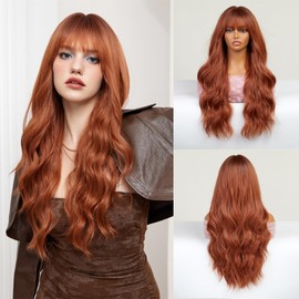Ginger Wig with Bangs Auburn Wigs for Women Orange Hair Wig Ombre Wig Synthetic 26Inch Long Curly Wig Womens Wig Realistic Wavy Wig Hair Replacement Wigs for White Women Cosplay Wigs for Daily Party