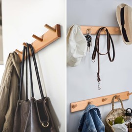 evory 2 Pack Coat Rack Wall Mount, 17 Inch Coat Hooks for Hanging, Wooden Wall Hooks Rack Coat Hanger for Purse Clothes Jacket Backpack in Entryway Mudroom Bathroom Kitchen, Beech Wood
