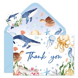FYSUIMU 24 Pack Ocean Thank You Cards Blue Cartoon Under The Sea Note Cards with Envelopes Stickers Marine Animals Blank Greeting Card for Summer Birthday Baby Shower