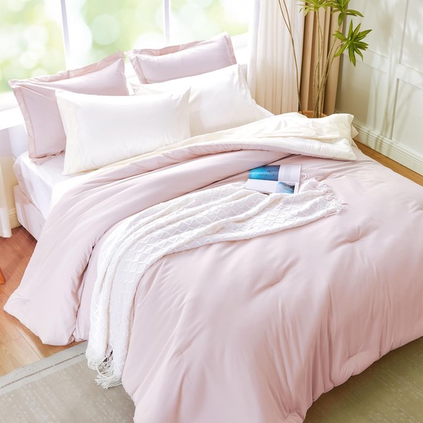 Kozyhvn Pink King Size Comforter Set, Reversible Bedding Set, 7-Piece