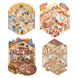 AYNKH 4 Set DIY Capybara World Series 3D Landscape Stickers, Cute Funny Cartoon Scene Stickers, Museum Hotel Treehouse Restaurant, Relief Stress Pass The Time Creative Crafts for Adult Kids