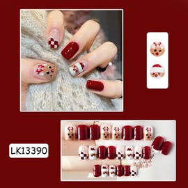 24pcs Christmas False Nails Short,Christmas Red Fake Nails, Christmas Press on Nails with Glue,Elk&Snowman Element Long Lasting Festival Full Cover Stick on Nails for Women&Girls Manicure Decorations
