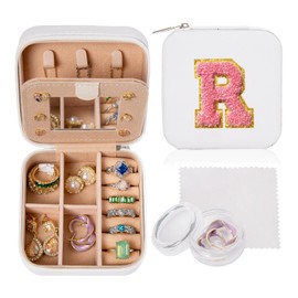 Ulico Travel Jewelry Case Jewelry Box- Small Jewelry Organizer with Mirror, Jewelry Holder Organizer Box, Travel Essentials Travel Gifts Birthday Gifts for Women Girls Friends Sister Initial White R