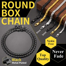 ChainsHouse Gun Black Plated Stainless Steel 6mm Square Rolo Box Chain Necklace for Men, Length 22 inch