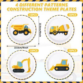 Whaline Whaline 40Pcs Construction Birthday Party Paper Plates Dump Truck Disposable Plates 4 Designs Tableware for Boys Kids Birthday Party Supplies Table Decor, 9 in