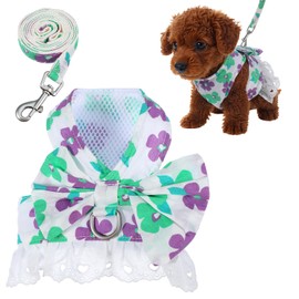 Dog Harness Dress for Small Dog, Dogs Dresses for Dogs Girl, Daisy Floral Dogg Harness and Leash Set Puppy Dresses Princess Skirt with Pearls Bow Accessories for Pet Doggie Kitten(Small)