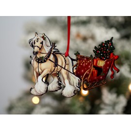 Gypsy Vanner Horse Sleigh Christmas Ornament, Equestrian Holiday Decor, Gypsy Cob Horse Gifts for Women (Palomino)