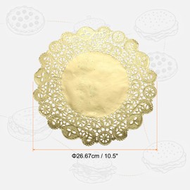 sourcing map 100pcs Lace Paper Doilies 10.5 Inch Gold Round Disposable Decorative Paper Placemats Hollow Flower Absorbing Papers for Cakes Desserts Food Decoration Wedding Birthday