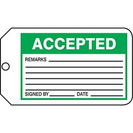 Accuform MMT301CTM PF-Cardstock Production Control Tag, Legend "Accepted", 5.75" Length x 3.25" Width x 0.010" Thickness, Green/Black on White (Pack of 5)