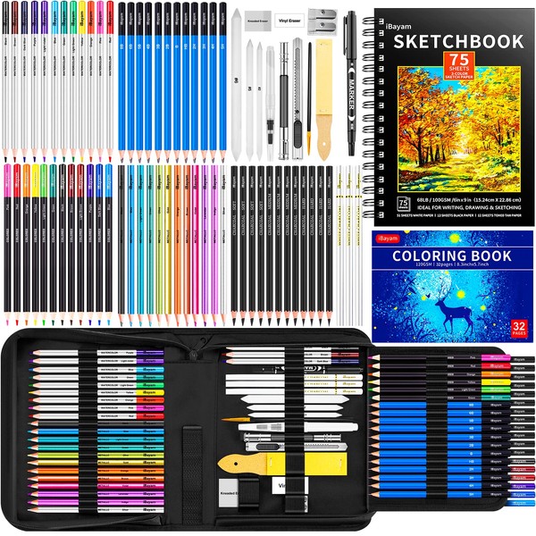 iBayam 78-Pack Drawing Set Sketching Kit, Pro Art Supplies with 75 Sheets 3-Color Sketch Pad, Coloring Book, Charcoal, Metallic, Colored Watercolor, Graphite Pencils for Artists Adults Kids Beginners