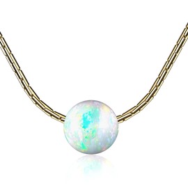 White Opal Necklace For Woman – 14K Gold Filled 16 Inch Wire Cable Chain + 2 Inch Extender – Thin Cute Cable Wire White Opal Jewelry