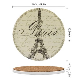 Paris Coasters for Drinks Set of 4 Retro French Style 4 inch Absorbent Diatomite Ceramics Eiffel Tower Coasters for Coffee Table with Cork Base, Suitable for Dining Tables, Desks, Restaurants, Cafes