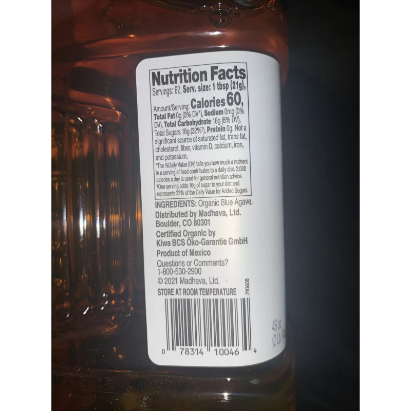 Madhava Organic Light Agave, 100% Blue Agave Sweetener Sugar Substitute,