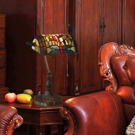 AIBOTY Tiffany Style Bankers Table Lamp Stained Glass Piano Desk Lamp Vintage Bedroom Bedside Lamp for Study,Antique Alloy Base,Zipper Switch,Dragonfly a