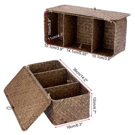 BTSKY 3 Compartments Handmade Rattan Storage Basket with Lid, Handwoven Basket Home Organizer Bins,Seagrass Wicker Storage Bins for Toilet Tank Top Bathroom, Coffee