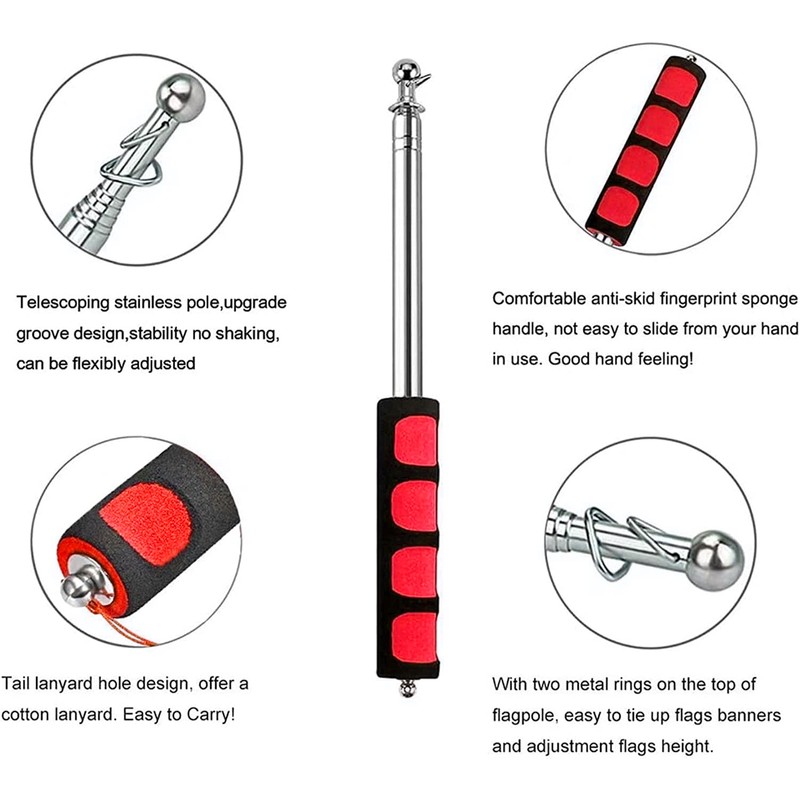 2 Pcs Handheld Telescoping Flag Poles, 1.6M/5.25Ft Stainless Steel Telescopic