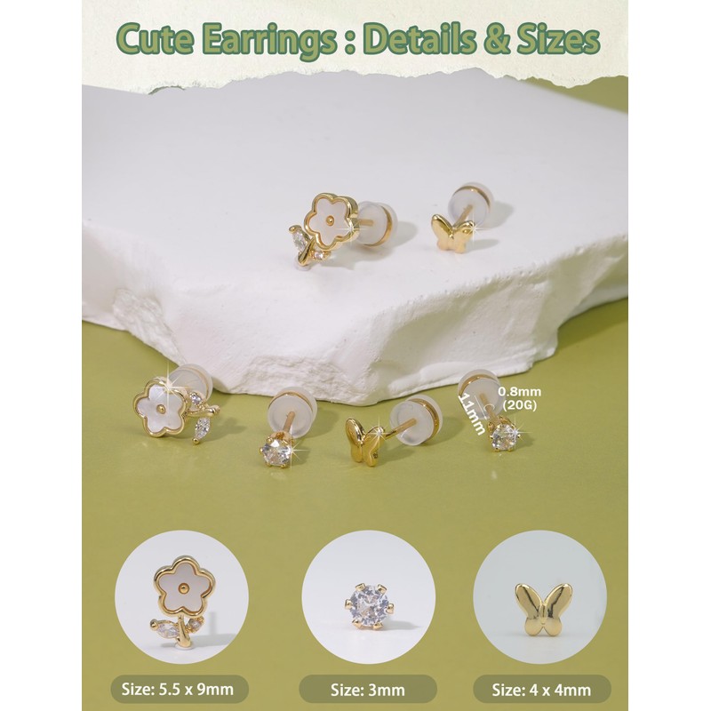 3 Pairs Gold Flower Butterfly CZ Stud Earrings with Silicone